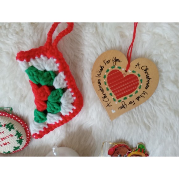 Lot of 7 Vintage Misc. Christmas Ornaments CrossStitch Wood Porcelain Crochet - Picture 2 of 9
